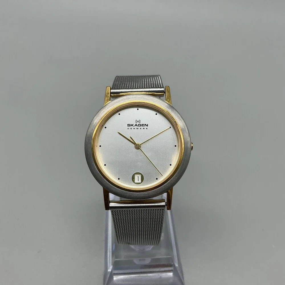 Skagen 16LGS Mens Watch 34mm Silver Tone Two Tone Stainless Date New Battery